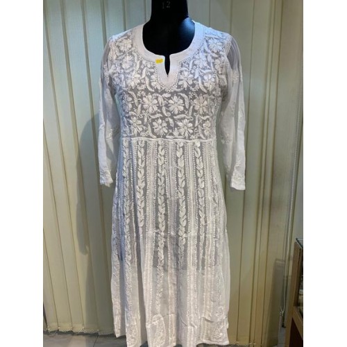Chikan Embroidery White Floral Kurti 