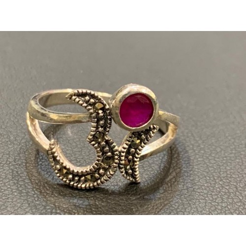 Ruby Studed Om Silver Ring 