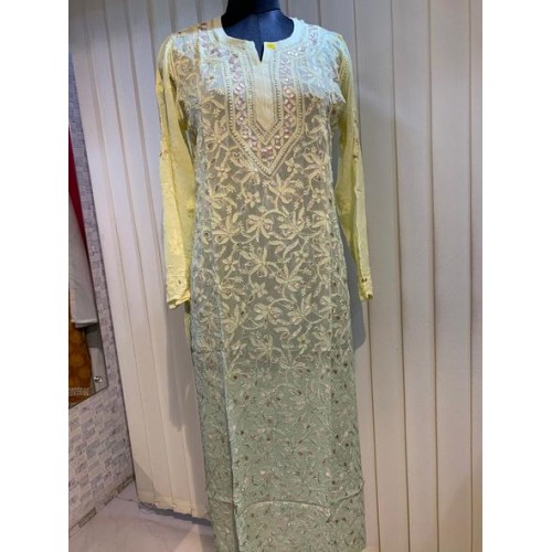 Chikan Embroidery Yellow Georgette Kurti 