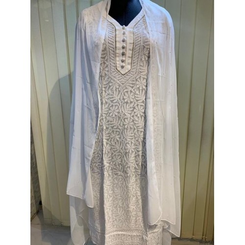 Chikan Embroidery White Floral Kurti