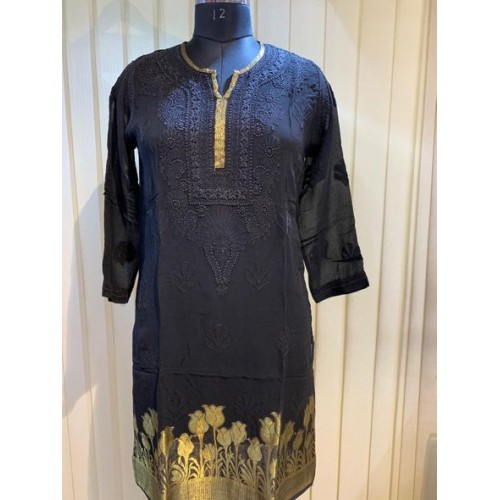 Black Chikankari Kurti with Golden Floral Borders