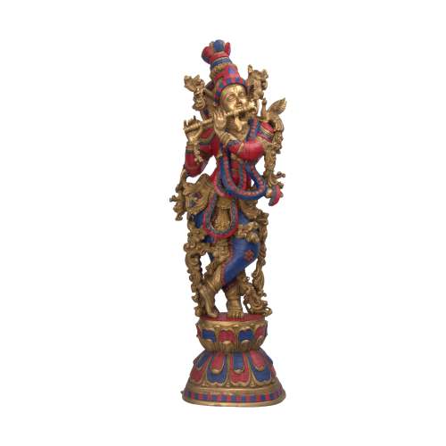 Lord Krishna Statue Blue Lapis Red Coral in Resin 31inch