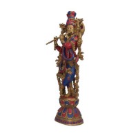 Lord Krishna Statue Blue Lapis Red Coral in Resin 31inch
